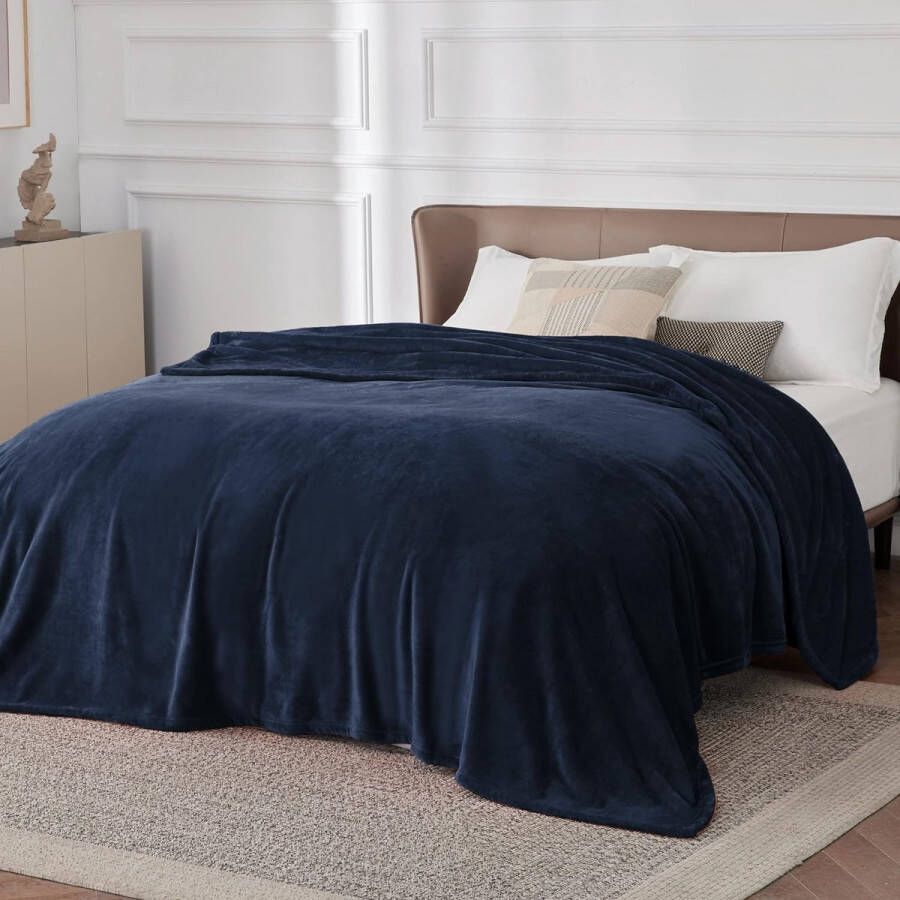 Fleece deken voor bed en bank donkerblauw XXL 270x230cm grote deken voor tweepersoonsbed super zachte donzige deken voor woonkamer en slaapkamer