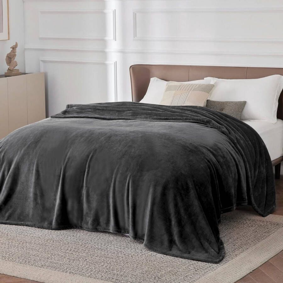 Fleece deken voor bed en bank donkergrijs XXL 270x230cm grote deken voor tweepersoonsbed super zachte donzige deken voor woonkamer en slaapkamer