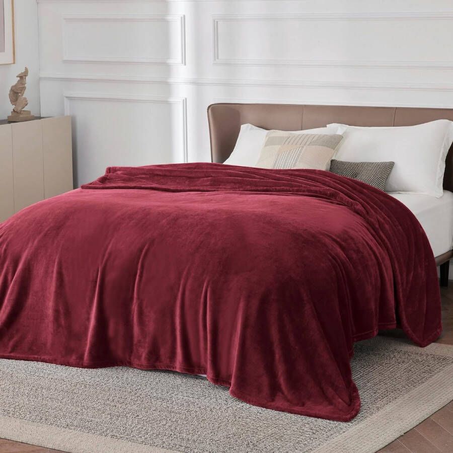 Fleece deken voor bed en bank donkerrood 240x220cm deken voor 2 persoons super zachte donzige deken voor woonkamer en slaapkamer