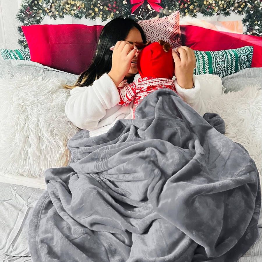 Fleece deken voor bed en bank grijs 240x220cm deken voor 2 persoons super zachte donzige deken voor woonkamer en slaapkamer