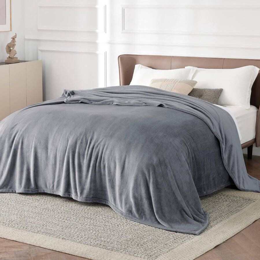 Fleece deken voor bed en bank grijs XXL 270x230cm grote deken voor tweepersoonsbed super zachte donzige deken voor woonkamer en slaapkamer