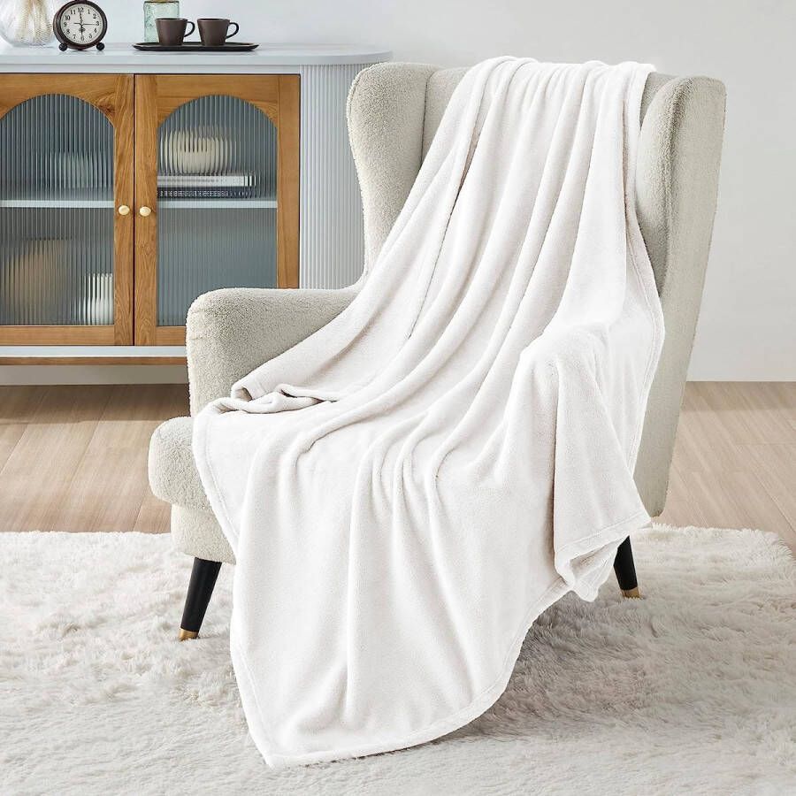 Fleece deken voor bed en bank wit 150x200cm super zachte donzige deken voor woonkamer en slaapkamer