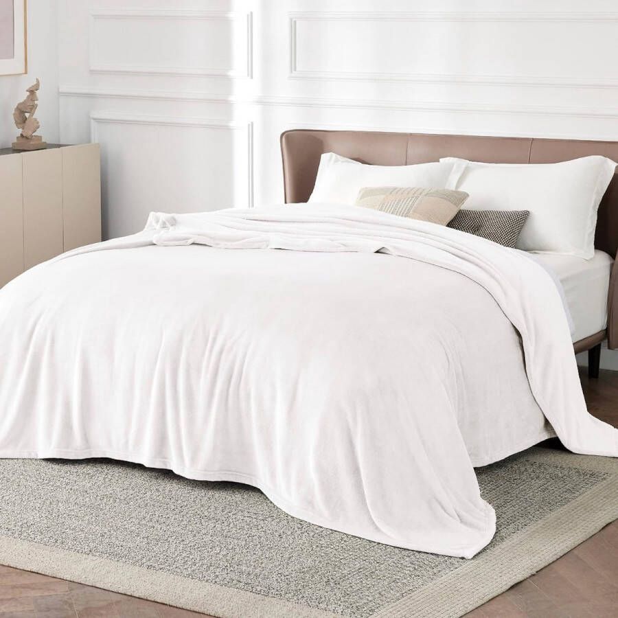 Fleece deken voor bed en bank wit XXL 270x230cm grote deken voor tweepersoonsbed super zachte donzige deken voor woonkamer en slaapkamer