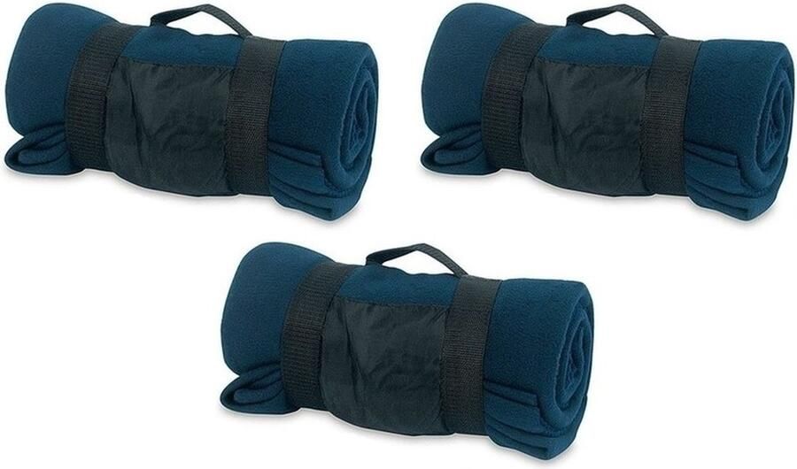 Fleece deken plaid met afneembaar handvat 3x donkerblauw 160 x 130 cm warme bank dekentje