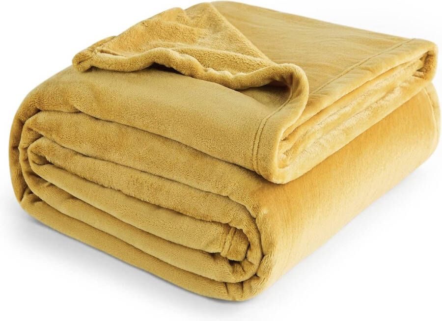 Fleece queensize deken grote veelzijdige zachte pluizige sierdeken voor bed mosterdkleurig 220 x 240 cm