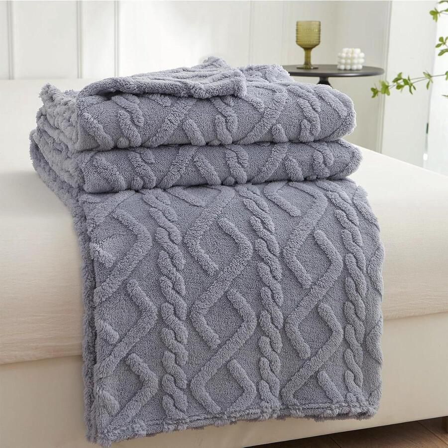 Zachte fleece sprei voor tweepersoonsbed warm en comfortabel 1 stuk grijs-blauw 150 x 200 cm - Foto 2