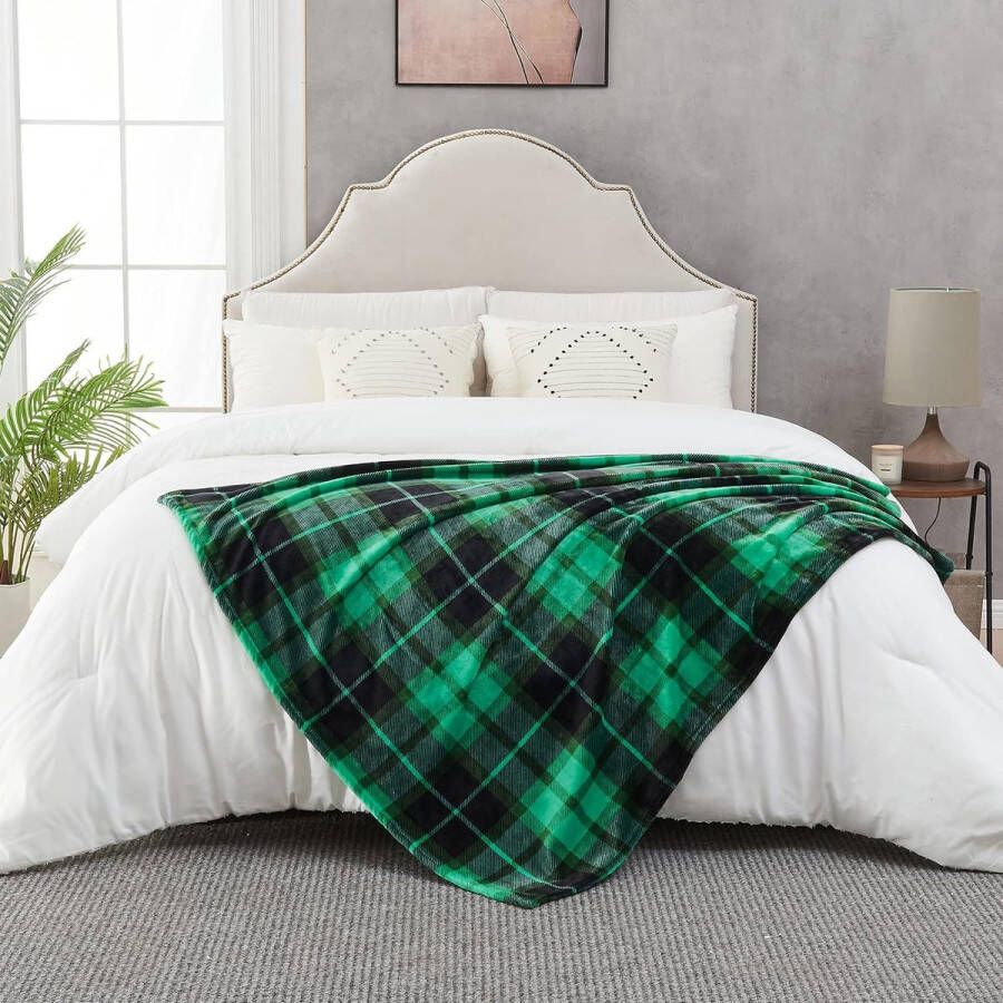 Fleecedeken 150 × 200 cm het hele jaar door groen geruite deken voor bed bank auto
