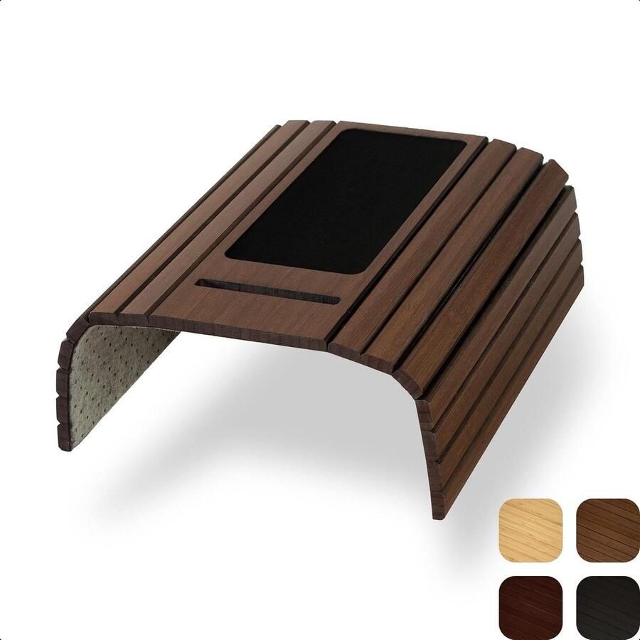 Flexibel Bamboe Armleuning Dienblad met Telefoonhouder en Muismat Drank Houder en Organizer voor Bank en Stoel Houten Banktafel voor Bankleuning en Zetel en Sofa Antislip Bruin