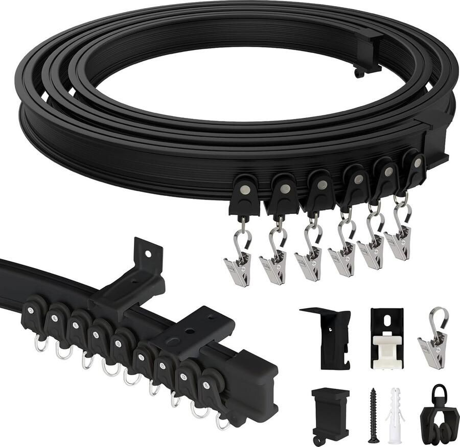 Flexibele gordijnrail 3M gordijnrail wandmontage en plafondmontage van ABS gordijnrail 1 track voor gordijnophanging roomdivider camper balkons kantoren hotels zwart