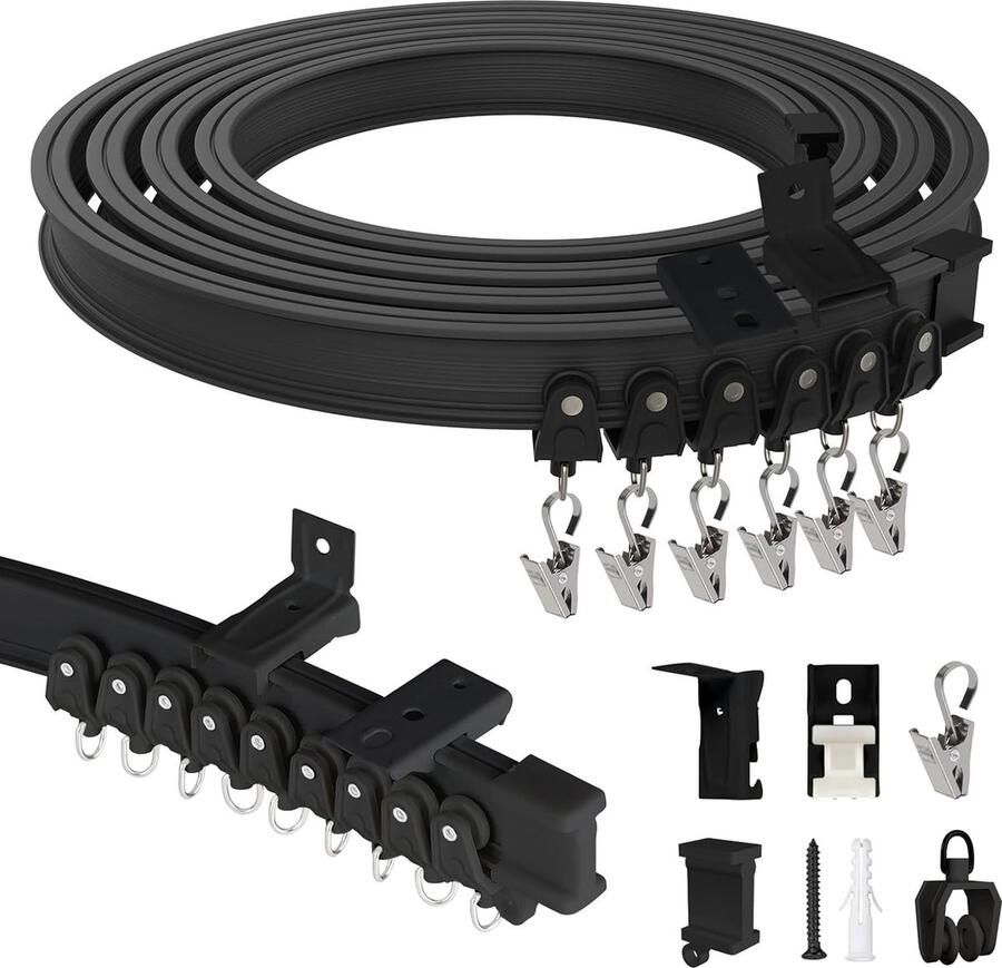 Flexibele gordijnrail 5M gordijnrail wandmontage en plafondmontage van ABS gordijnrail 1 track voor gordijnophanging roomdivider camper balkons kantoren hotels zwart