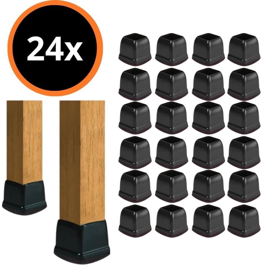 Flexibele Vierkante Stoelpootdoppen Set van 24 stuks Ø15-20mm Zwart Stoelpoot beschermers met vilt Vloerbescherming
