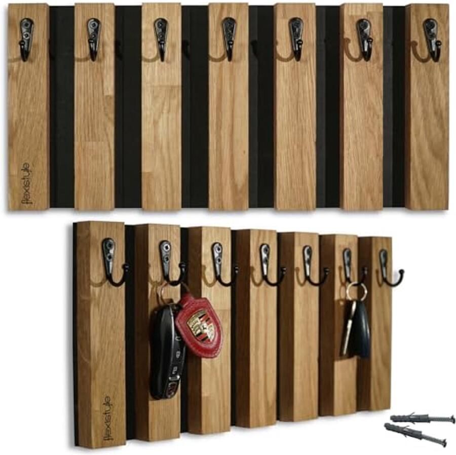 FLEXISTYLE latten sleutelrek kapstok hout eikenhout hakenrek kapstokhaak wandhaak RVS wandkapstok kapstokpaneel voor hal kinderkamer slaapkamer (40cm 7 haken)