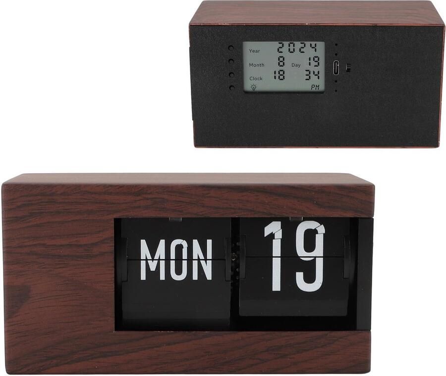 Flip Clock Vintage Retro Flip Clock Calendar Flip Clock Elegant Fashion Multifunction Desk Decorative Digital Flip Down Clock for Home Room Office (Wood Grain)