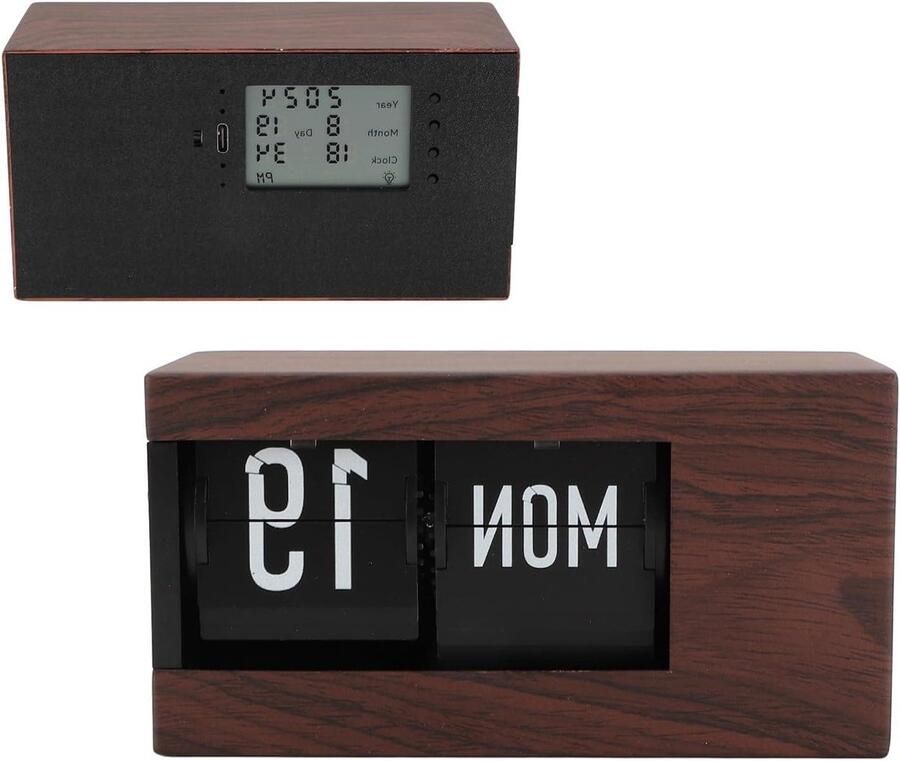 Flip Klok Vintage Retro Flip Klok Kalender Flip Klok Elegante Fashion Multifunctionele Bureau Decoratieve Digitale Flip Down Klok voor Huis Kamer Kantoor (Houtnerf)