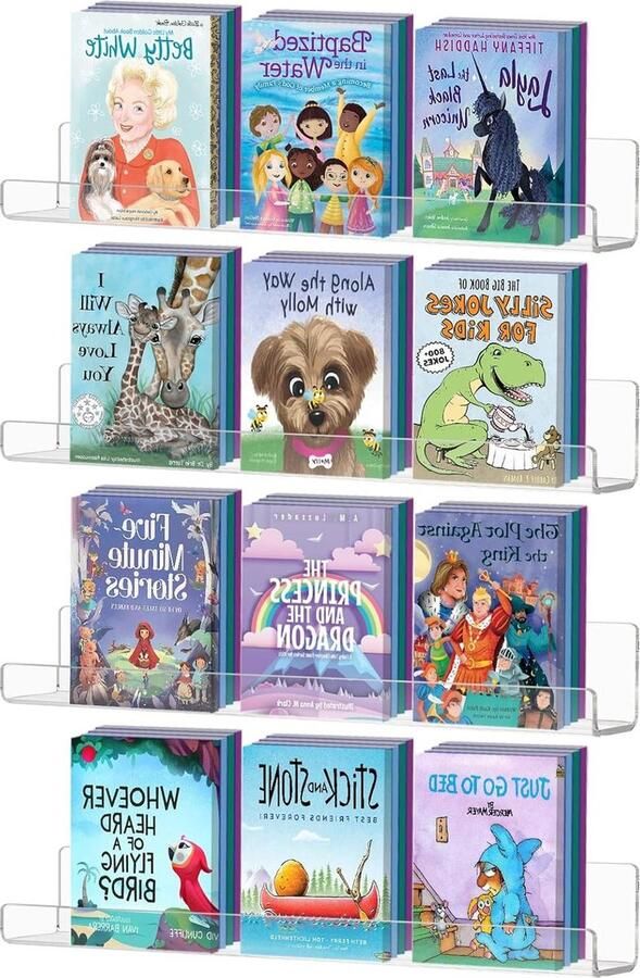 Floating Acrylic Bright Kids Bookshelf Organizers Set of 4 Wall Mounted Invisible Display Shelves for Living Room Bedroom Bathroom Kitchen