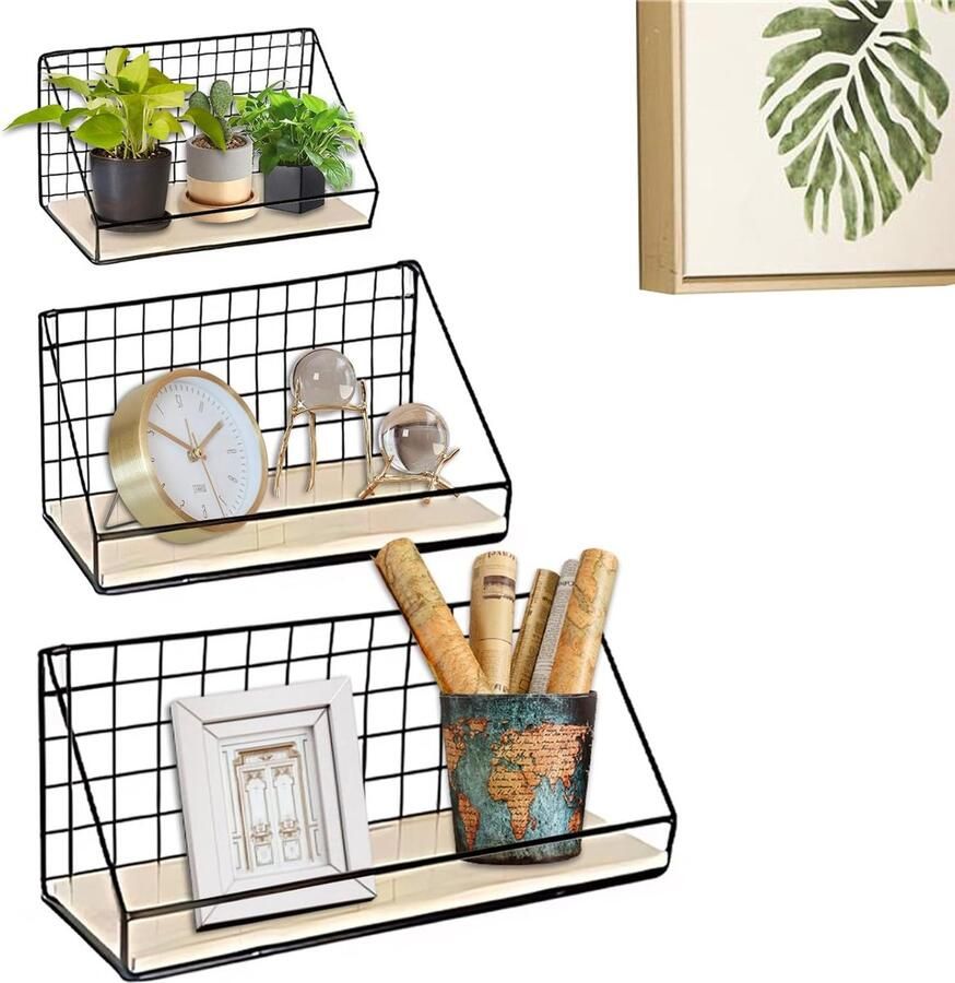 Floating Shelves Wandgemonteerd Set van 3 Groottes Wandgemonteerde Metalen Draadrooster en Houten Opslagschappen met Omheining Hangende Plank Wandopslag en Display voor Woonkamer Slaapkamer Badkamer