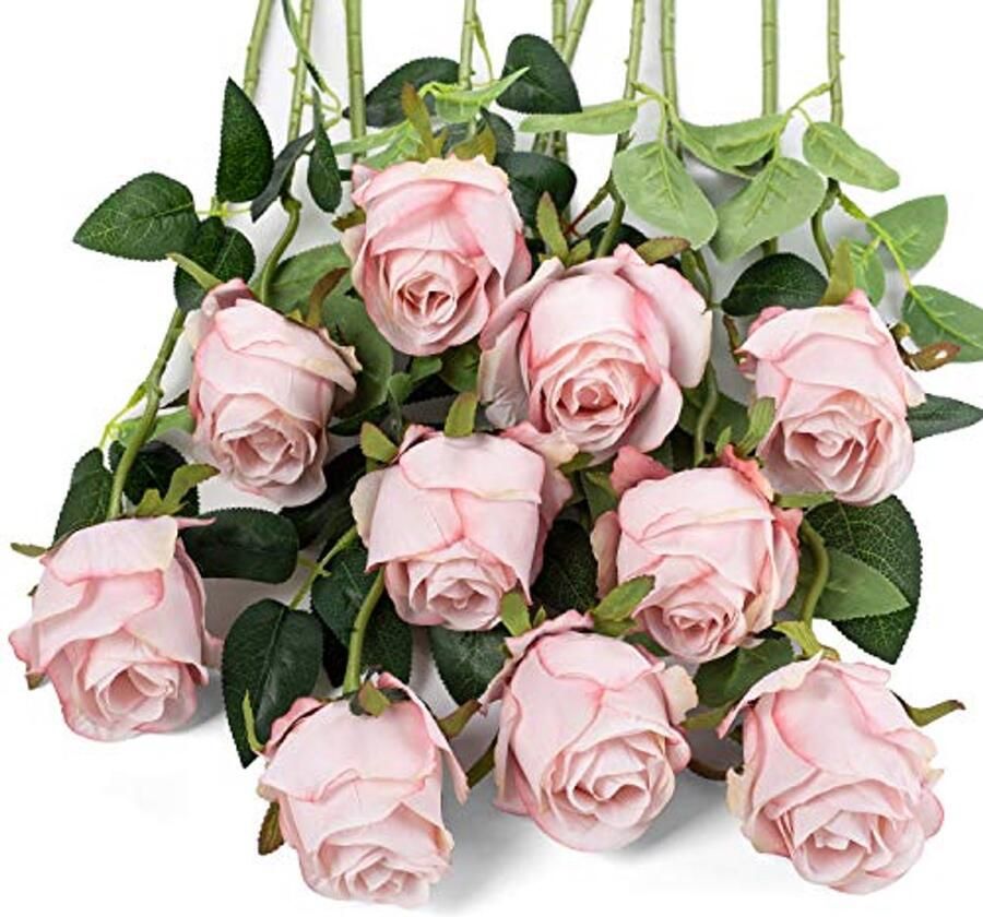 Flojery 10 stuks kunstmatige rozenbloemen met lange steel nepzijden rozen voor doe-het-zelf bruidsboeket tafel middelpunt woondecoratie (lichtroze)