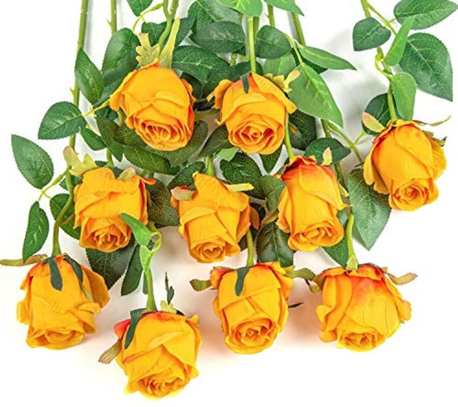 Flojery 10st kunstmatige rozenbloemen met lange steel nepzijden rozen voor doe-het-bruiloftboeket tafel middelpunt woondecoratie (oranje)