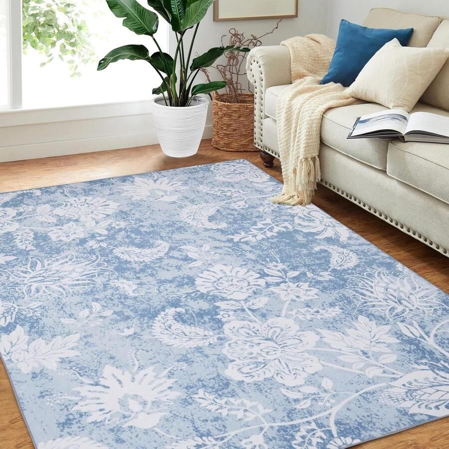 Floral Area Tapijt Opvouwbaar Machinewasbaar Kleurrijk Bloementapijt Antislip Vintage Tapijt Boerderij Bloementapijt Voor Keuken Woonkamer Slaapkamer Eetkamer 120 x 170 cm Blauw
