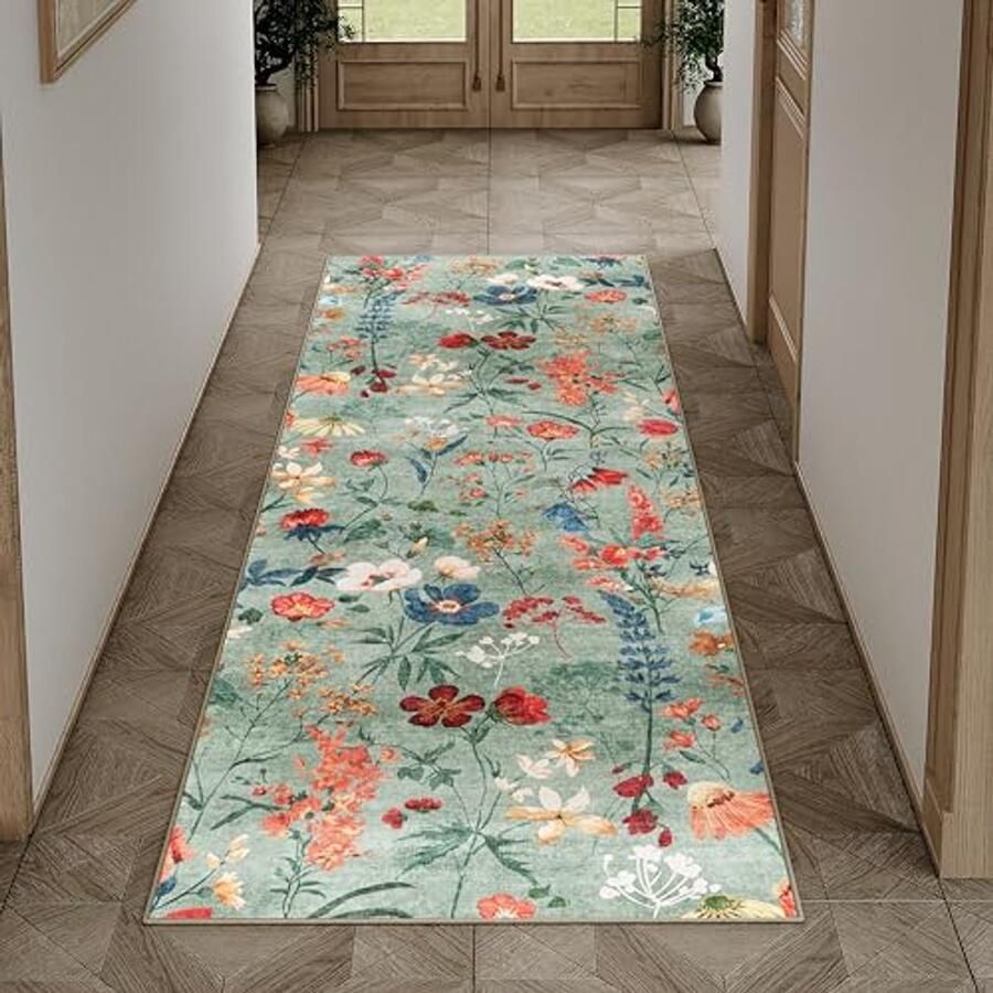 Floral Runner Tapijt 60x180cm Groen Antislip en Wasmachinebestendig Boho Bloemen Tapijt voor Keuken Slaapkamer en Kantoor