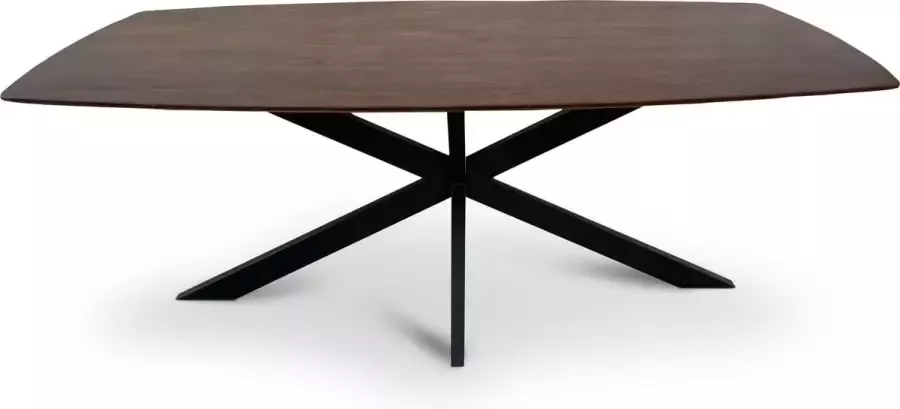 Florence vergadertafel van 200 x 100 cm met gecurved Mango houten blad met facetrand aan onderzijde. Bladkleur bruin gezandstraald. Onderstel is een spinpoot in de kleur zwart