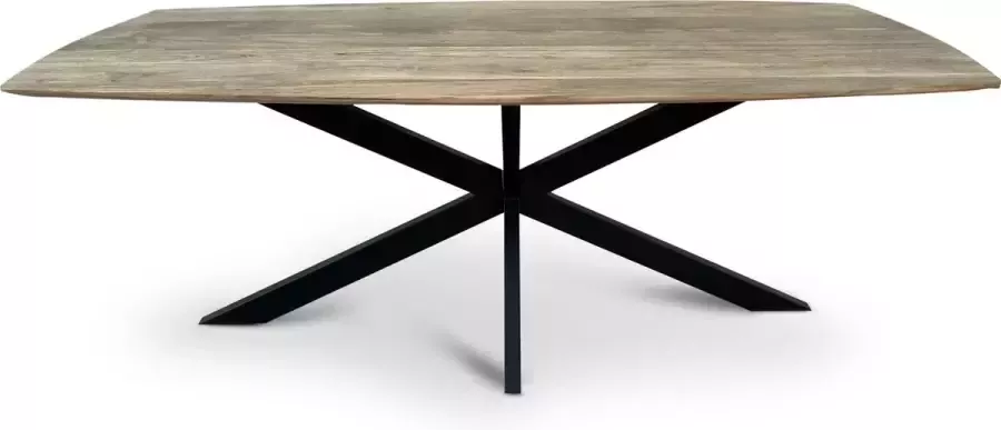 Florence vergadertafel van 200 x 100 cm met gecurved Mango houten blad met facetrand aan onderzijde. Bladkleur naturel gezandstraald. Onderstel is een spinpoot in de kleur zwart