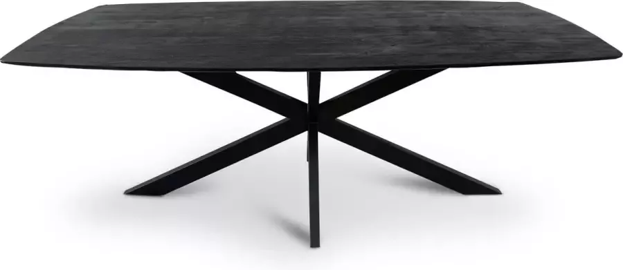 Florence vergadertafel van 200 x 100 cm met gecurved Mango houten blad met facetrand aan onderzijde. Bladkleur zwart glad afgewerkt. Onderstel is een spinpoot in de kleur zwart