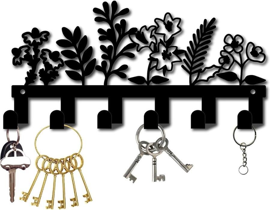 Flower Key Holder Wandgemonteerde Sleutelhouder Metalen Sleutelhanger Decoratief met 6 Haken IJzeren Zwart Kledinghanger Rack Organizer voor Entree Voordeur Slaapkamer Kledingkast Handdoek Rugzak Hangend 25 x