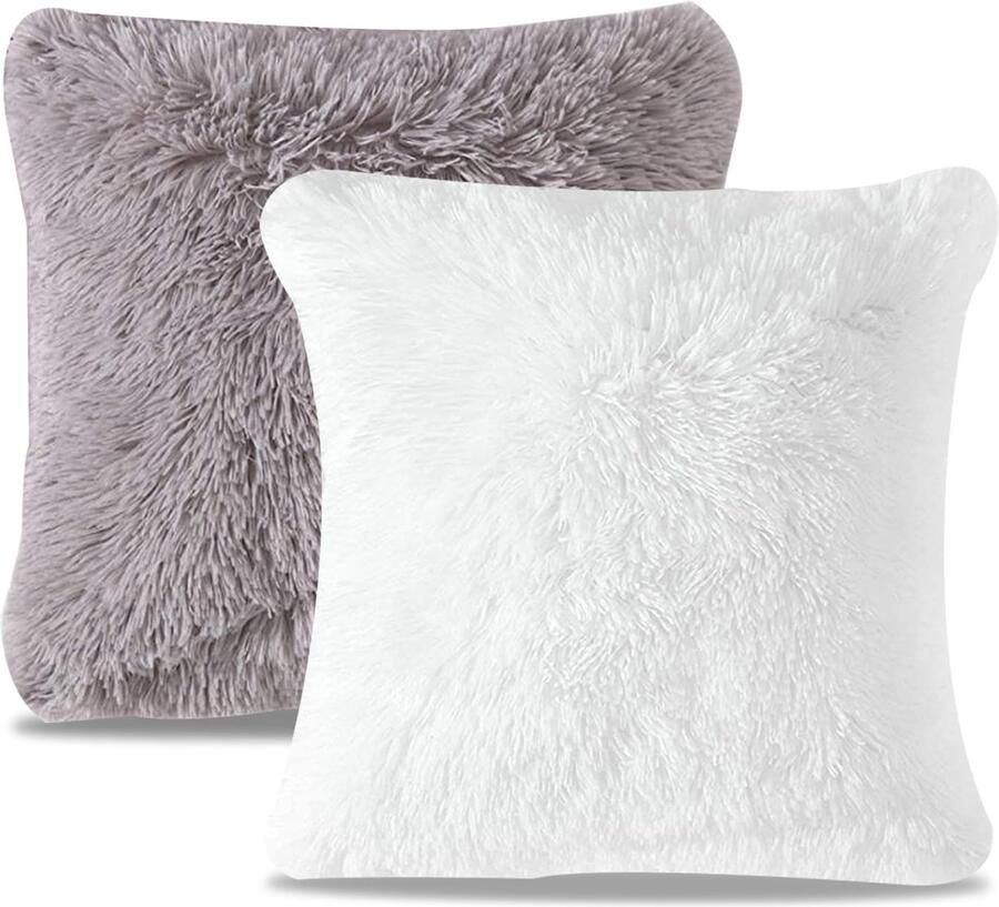 Fluffy Cushion Covers Set of 2 43 x 43cm Bench Cushion with Zipper Square Pillowcases Soft Decorative Pillowcase Grey White Cushion Cover for Sofa Bed Living Room Bedroom