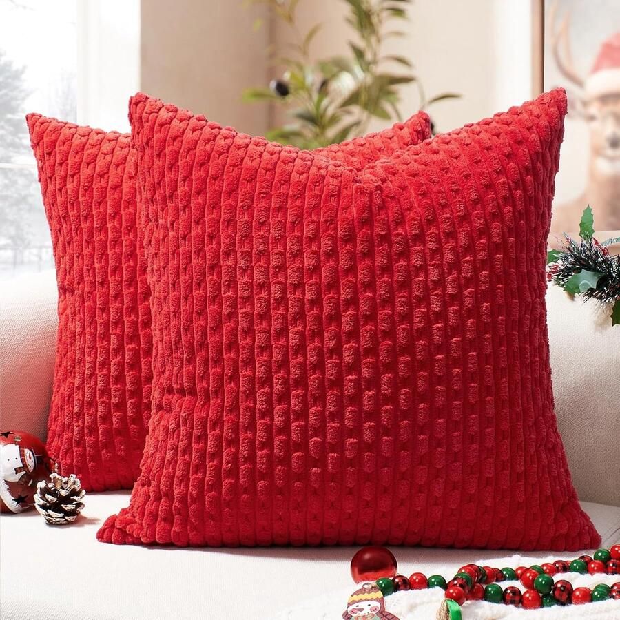 Luvetrex Fluffy Kerstkussenhoezen Set van 2 Corduroy Rood 40x40 cm voor Bank en Slaapkamer