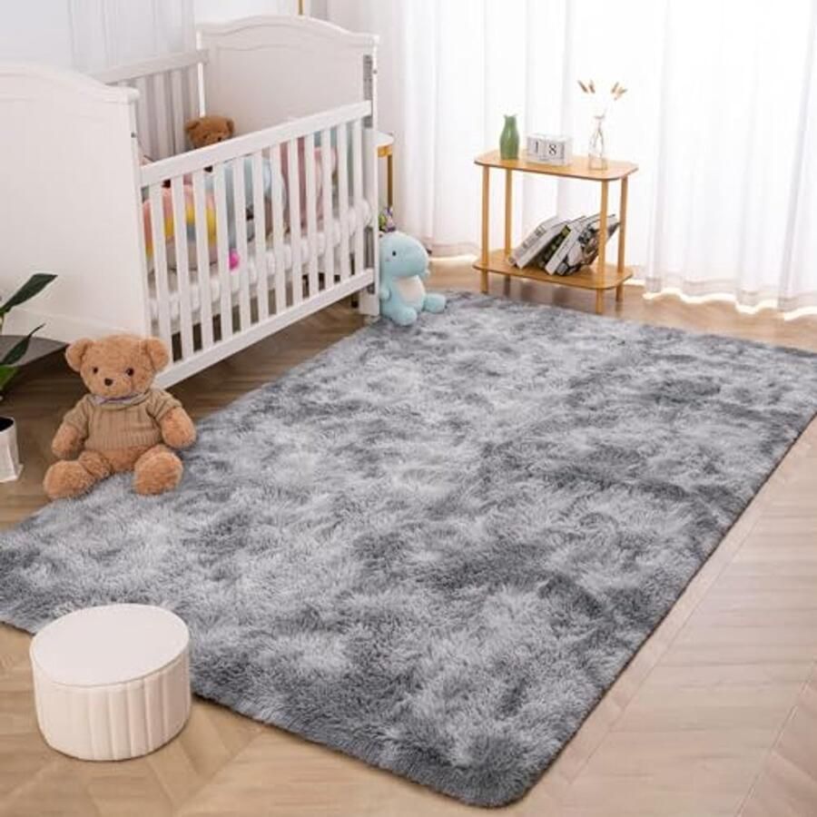 Fluffy Tapijt voor Woonkamer en Slaapkamer Wasbaar en Zacht Shaggy Tapijt (Grijs-Wit 80 x 120 cm)