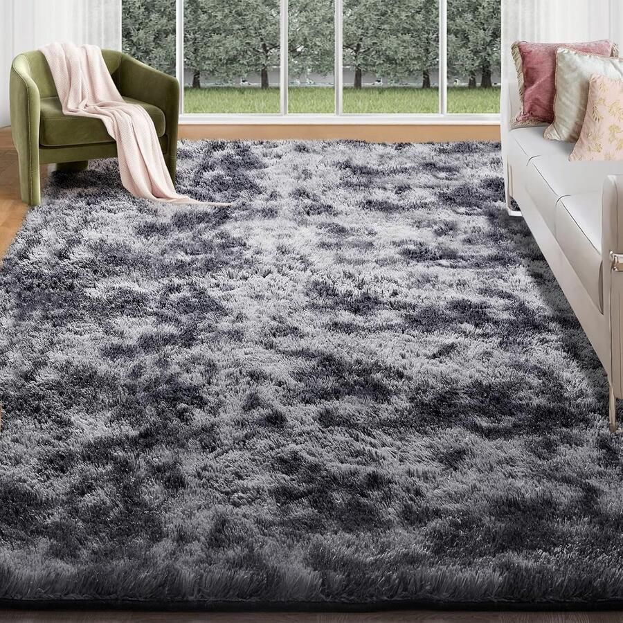 Fluffy vloerkleed modern en stijlvol 1 stuk zwart grijs 185 x 185 cm
