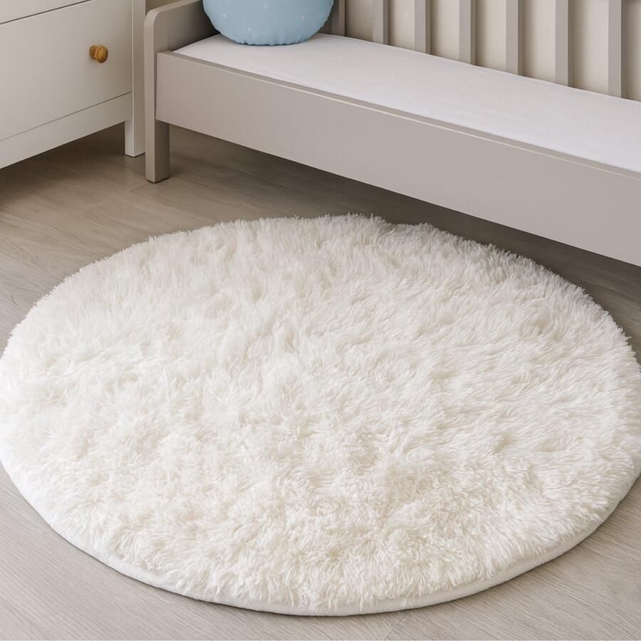 Fluffy Vloerkleed Wit Rond Ø 60 cm – Zacht Vloerkleed Fluffy Tapijt Slaapkamer Kinderkamer