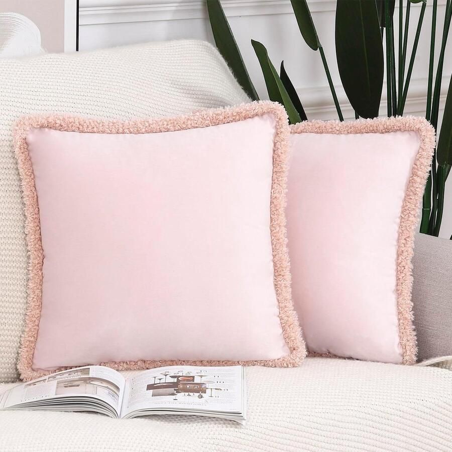 Fluweel Boho Kussenslopen Set van 2 Franje Rand Zacht Decoratief Kussenhoesje voor Bank Slaapkamer Roze 45x45 cm