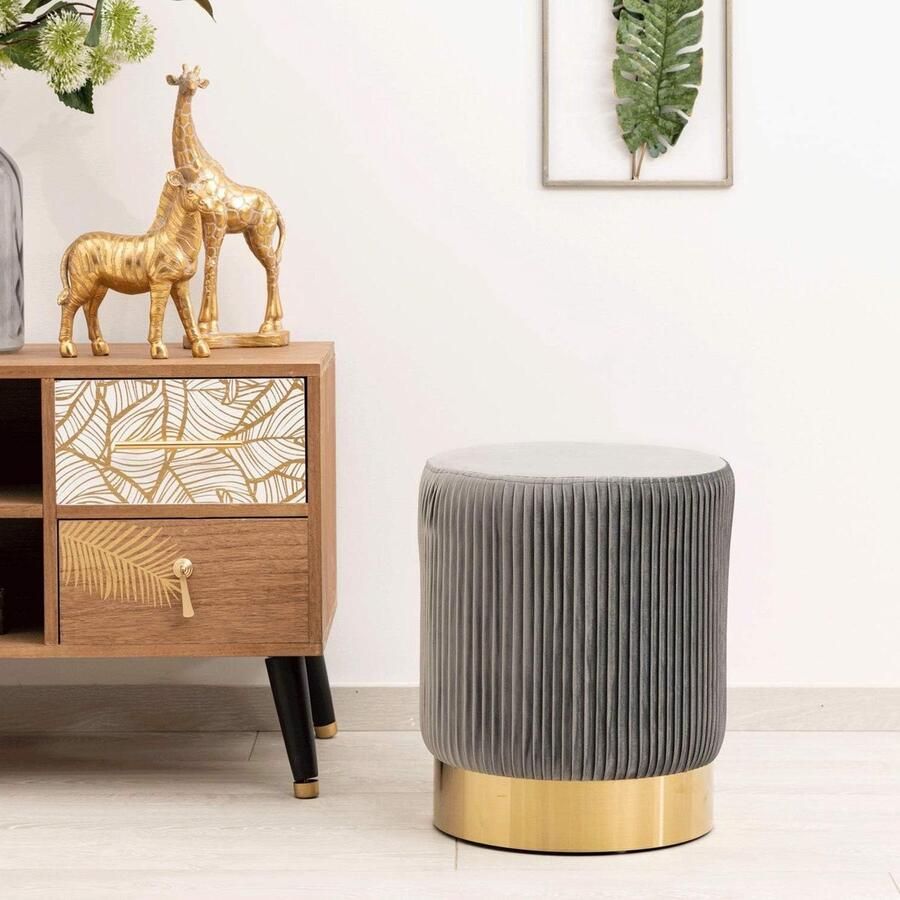 Fluweel geplooid taupe grijze kruk met gouden sokkel 35 x 35 x 42 cm