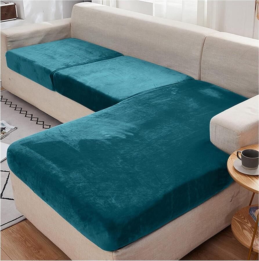 Fluweel stretch bankovertrek voor L-vorm chaise longue hoekbank 4-zits blauwgroen hoekbank overtrek