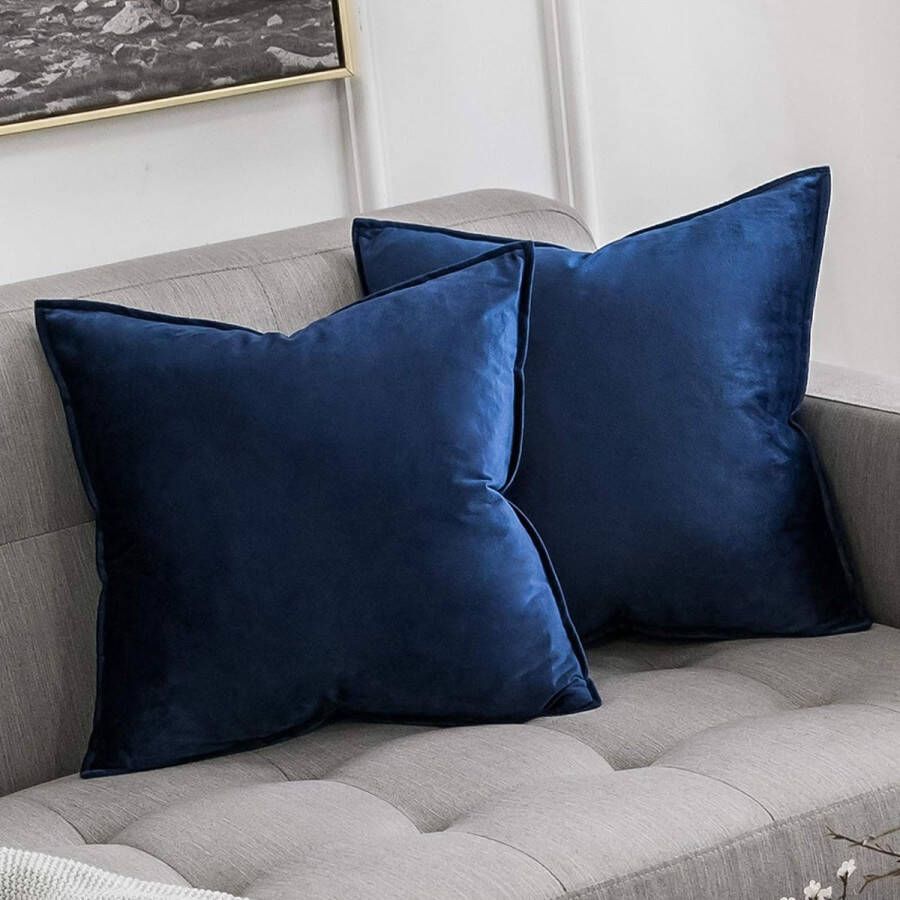 Fluweelzachte decoratieve vierkante kussenslopen kussenhoezen met onzichtbare rits voor woonkamer bank slaapkamer 65 x 65 cm set van 2 stuks marineblauw