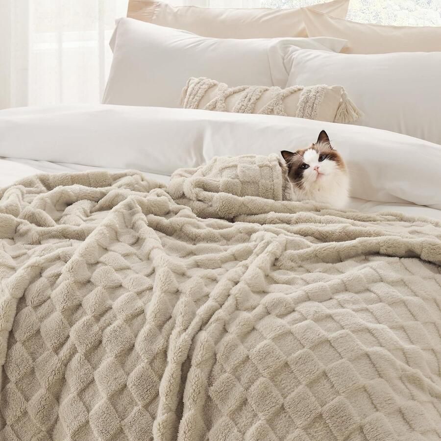 Fluweelzachte XXL Fleece Deken met Geruit Patroon voor Bed Beige 270 x 230 cm
