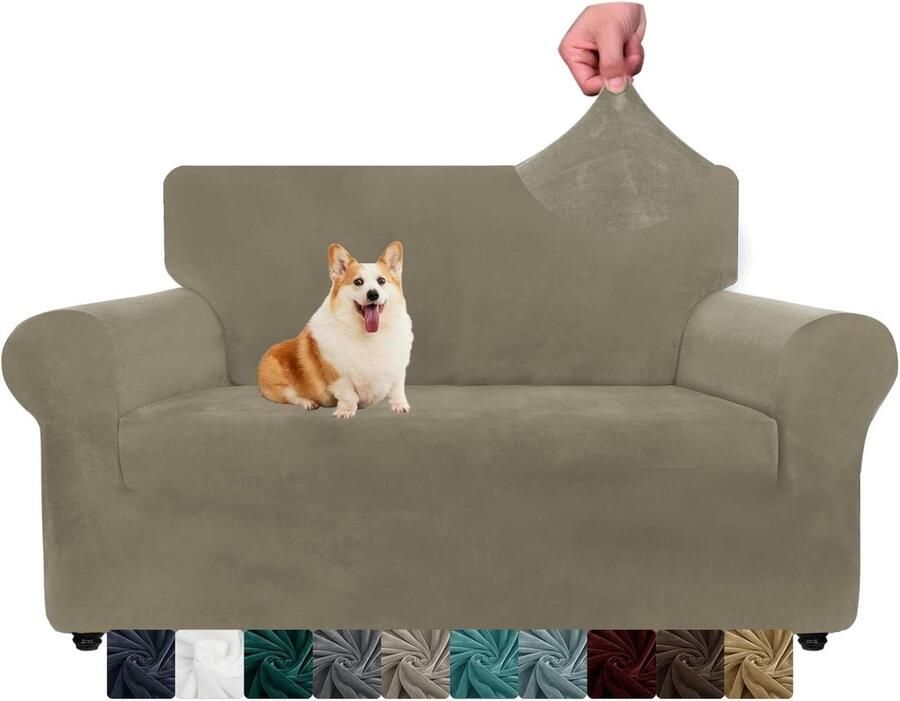 Fluwelen 2-zits bankovertrek – Dikke stretch anti-slip meubelhoes voor honden en huisdieren wasbare bescherming kaki