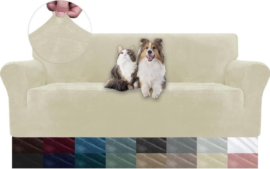 Fluwelen Bankhoes 3 Zits Universele stretch bankhoezen Beige Elastisch materiaal