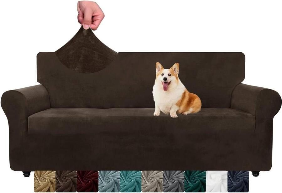 Fluwelen bankhoes Dikke stretch bankhoes voor honden Antislip bankhoes Wasbare meubelbeschermer Donker koffiebruin 3-zits