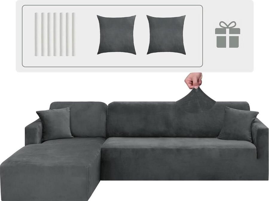 Velours Bankovertrek Peninsula L-vorm Hoekbankhoezen Velours Bankovertrek Peninsula L-vorm Hoekbankhoezen Grijs 3-zits + 3-zits hoekbank hoes stretch