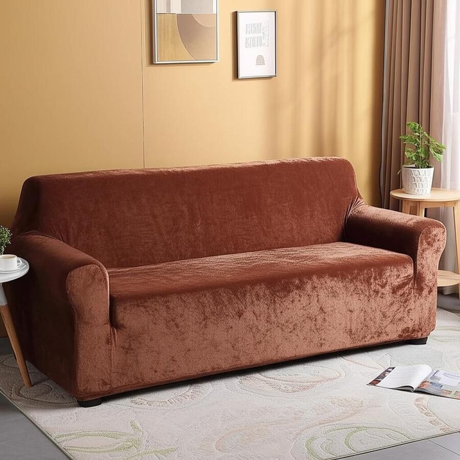 Fluwelen bankhoes – Luxe dikke en antislip hoes voor 3-zitsbanken (Koffie kleur)