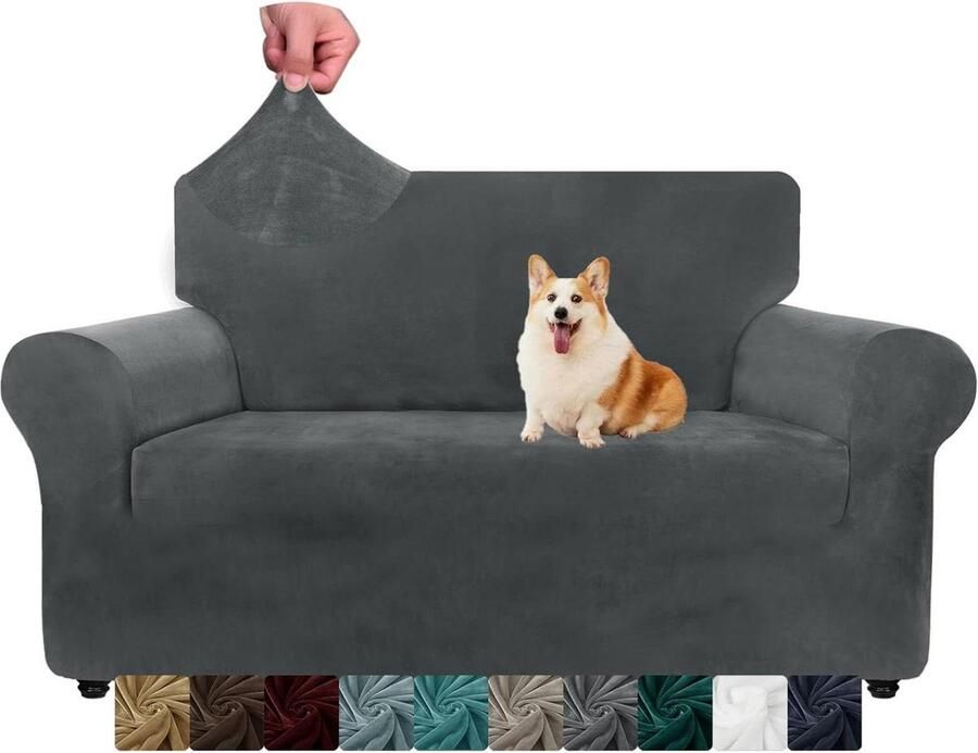 Fluwelen bankhoezen 2-zits dikke stretch bankhoezen voor honden en huisdieren antislip bankhoes wasbare meubelbeschermer (grijs)