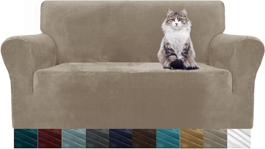 Fluwelen bankhoezen 2-zits super stretch antislip Loveseat hoezen voor woonkamer honden kat Pluche liefdesstoel bank slipcovers Meubelbeschermer (2-zits kaki)