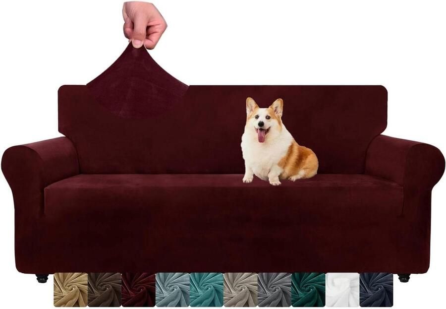 Fluwelen bankhoezen 3-zits Dikke stretch bankovertrekken voor honden Antislip wasbare meubelbescherming Woonkamer Wijnrood