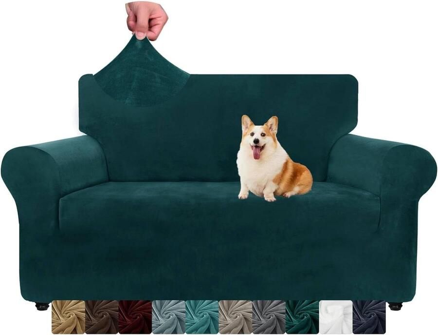 Fluwelen bankovertrek 2-zits dikke stretch bankovertrek honden antislip liefdesstoel slipcover wasbaar woonkamer bescherming zwart-groen