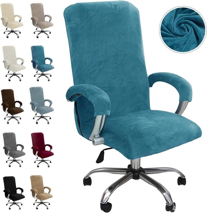 Allecto Plus Fluwelen bureauhoes met armleuning voor gamingstoel Afneembare stoelbekleding in pauwblauw XL met elastische stoelhoezen