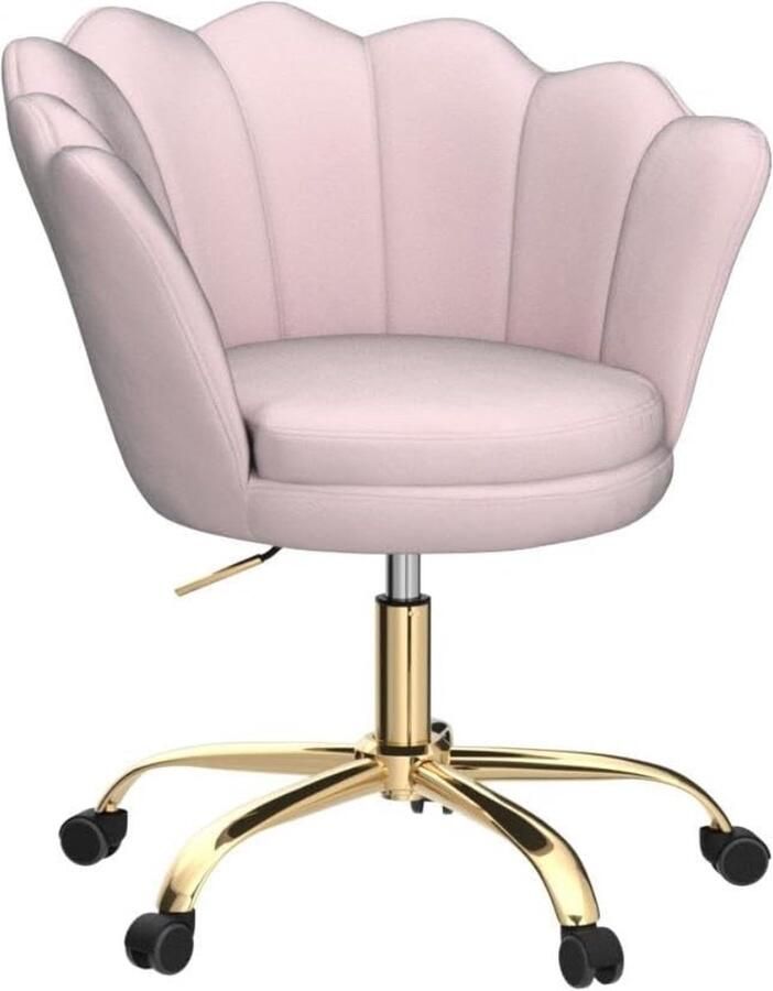 Fluwelen draaistoel voor het thuiskantoor in hoogte verstelbaar en zonder armleuningen. Uitgevoerd met een elegant goudkleurig onderstel perfect als bureaustoel voor de slaapkamer of bij de wastafel. Verkrijgbaar in lichtroze fluweel