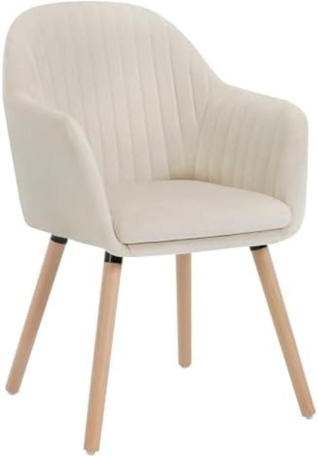 Fluwelen Eetkamerstoel met Massief Houten Poten Crèmewit Ergonomische Zitting Kruisvormige Metalen Voet Antislipkussens Geschikt voor Eetkamer Woonkamer Kantoor